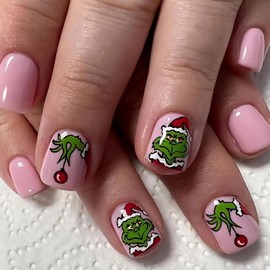 Christmas Press on Nails Short Fake Nails Square Fake Nails with Cartoon Green Haired Monster Designs Glue on Nails Winter Xmas Pink Acrylic False Nails for Women Girls Holiday Manicure 24Pcs