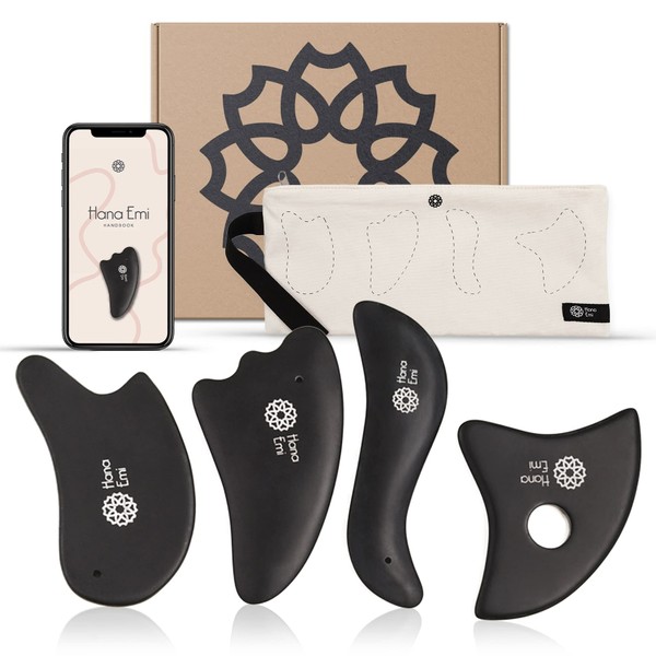 Large Gua Sha Massage Tool Set - 4 Pieces - Skin Care and Massage Routine - Scraping Massage Tools - Face Gua Sha Stones - Bian Stone Gua Sha - Physiotherapy Kit - E-Book Included