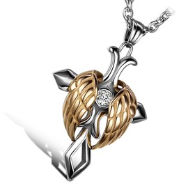 Cupimatch Mens Women Silver Gold Tone Stainless Steel Religious Angel Wing Cross Pendant Necklace, 22 Inch Chain