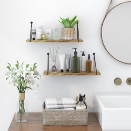 Sapowerntus Floating Shelves Wall Mounted Shelf Rustic Light Wood Bathroom Bedroom Kitchen Hanging Storage Organizer with Triangle Metal Brackets Farmhouse Living Room Office Home Decor Set of 2