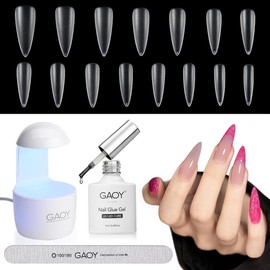 GAOY Nail Tips and Glue Gel Nail Kit with Mini UV Light, Gel x Nail Kit, 360Pcs Matte Extra Short Almond Nail Tips for Fast Nail Extension - Color: Medium Stiletto