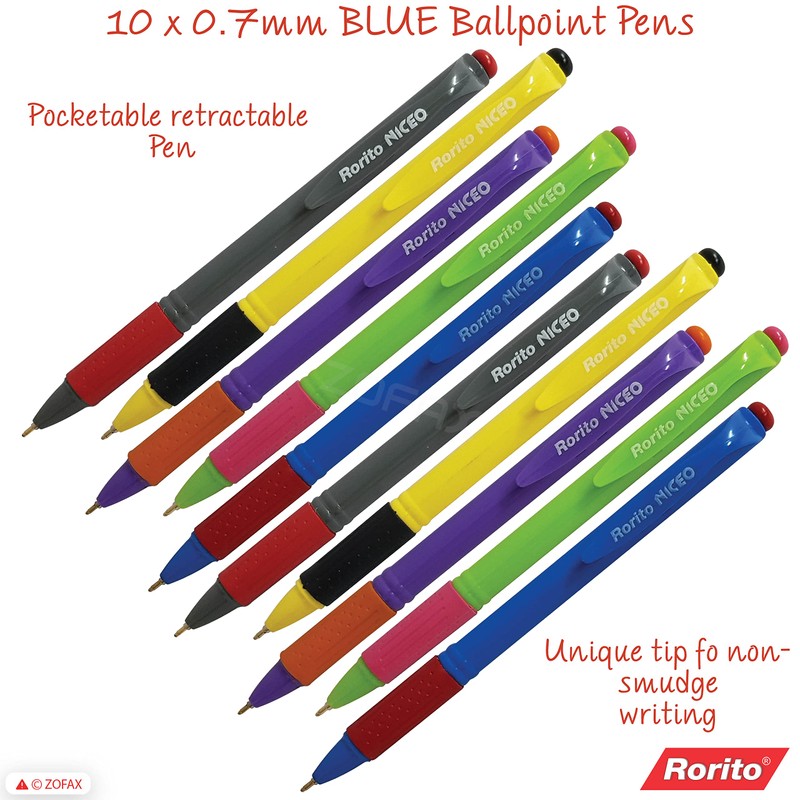 rorito 10 x 0.7mm Tip Niceo BLUE Retractable Ballpoint Pens