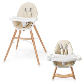 HONEY JOY Baby High Chair, Eat & Grow Beech Wooden Highchair for Babies and Toddlers, Removable Double-Layer Food Tray, 5-Point Harness, PU Cushion and Footrest for Infants Boys Girls (Beige)