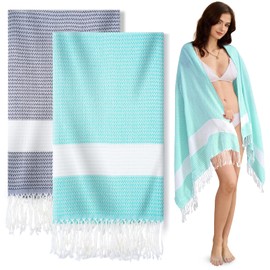 Genovega 2 Packs Oversized Turkish Beach Towels 74"x38" Thin Quick Dry Sand Free Pool Swim Bathing Towel Extra Large Blanket Adult Travel Essentials Accessories Summer Vacation LightGreen Grey Dot
