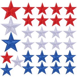 VARMDUKKE 30 PCS Star Iron on Patch for Clothes, 1 Inch Sew on Embroidered Appliques, Fabric Star Decor Patches for Hats, Backpacks, Decoration - Silver, Blue, Red
