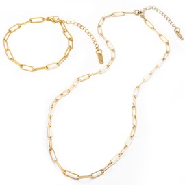HUISUYTON 20Pack 4mm 18K Gold Plated Rectangle Paperclip Link Chain Necklace Bracelet Set for Women Adjustable Stainless Steel Dainty Charms Necklaces and Bracelets for Gifts Jewelry