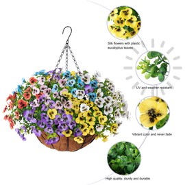 Artificial Pansies Fake Hanging Plants Flowers Basket for Outdoor Outside Decoration, 12 pcs Silk Pansy UV Resistant Look Real Colorful Faux Flowers for Home Porch Yard Patio Balcony Garden Arch Party