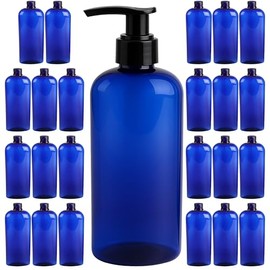 24 8-oz Empty Plastic Bottles with Pumps - Blue Oval Pump Bottle/Pump Lotion Dispenser - Empty Bottle with Smooth Pump for Shampoo or Body Wash and Home Use (Blue, 24 Pack)