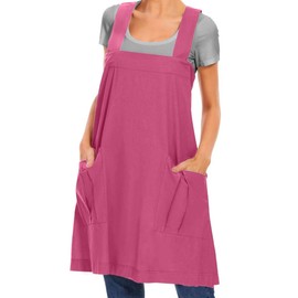 Women's Cotton Cross Back Apron Casual Pinafore Dress with Big Pockets Loose Square Apron for Baking Cooking Gardening, Rose Red, Medium