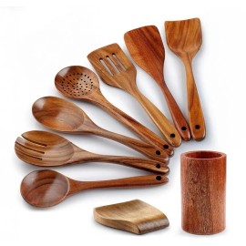 Kitchen 9 Piece Natural Teak Wooden Kitchen Utensil Set with Spoon Rest and Spoon Holder