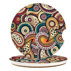 Floral Henna Coasters for Cup Holders, Absorbent Ceramic Coasters with Cork Back, Universal Anti-Slip Car Accessories, 2PCS Cup Mat for Most Car Interiors