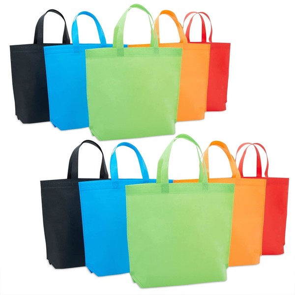 10-Pack Large Reusable Bags with Handles for Shopping, Bulk Non-Woven Fabric Tote for Birthday Party Presents, Goodie Favor Bags, Crafting (15x12.5 in, 5 Assorted Colors)