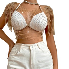 Women’s Rhinestones Crop Tank Top Crystal Sleeveless Fringe Shawl Wrap See-through Bikini Cover Up Mesh Body Chain, Dye-gold, Large
