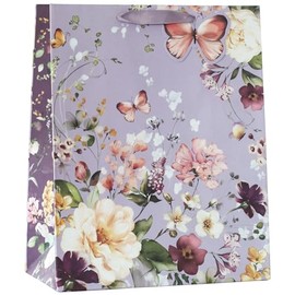 Design By Violet Fluer Beautiful Floral Paper Gift Bag With Butterfly Gift Tag Purple Spring Birthday Mother's Day Easter Valentines Large