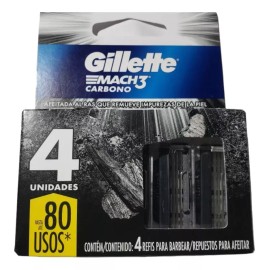 Guillette Navajas De Repuesto Para Rastrillo Mach3 Carbono Con 4 Pz.