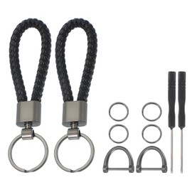 MECCANIXITY Car Key Chain, Handmade Braided Leather Keychain Horseshoe Buckle Metal Keys Holder with 2 Rings and Screwdriver for Men and Women (Black, Pack of 2)