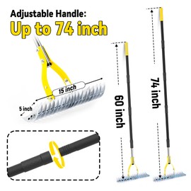 Thatch Rake for Lawn with 74inch Handle, 15 inch Dethatcher Rake for Grass to Cleaning Dead Grass, Efficient Steel Metal Rake for Dethatching, Heavy Duty Thatching Rakes for Garden, Yard