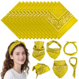 PLULON 12 Pcs Yellow Bandanas Bulk 20 x 20 Inch Paisley Pattern for Women Men, Head Scarf Cowboy Bandana Neon Square Handkerchiefs Outdoor Cycling Face Mask Headwear for Boy Girls 100% Polyester