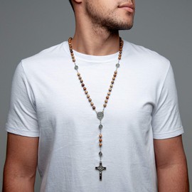 Intercession St Benedict Rosary - Stainless Steel Chain with Wood Beads - Made in Brazil (Walnut)