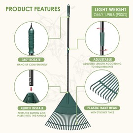 ORIENTOOLS Garden Leaf Rake, Garden Rakes for Lawns Leaves with 47-65" Adjustable Black Handle Rake, 26 Strong Tines Plastic Head Shrub Rake, Yard Garden Rake for Lawns, Flower Beds Leaves Cleaning