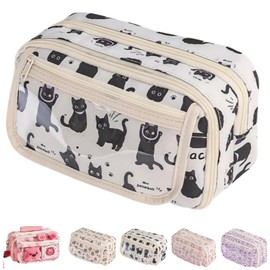 VTYFRY Cute Kawaii Pencil Case Pouch Cartoon Pen Box Holder Organizer for Office Workspace Supplies Desk Accessories Travel Essentials Aesthetic Trendy Cool Stuff Gift Large Capacity (Black Cat)