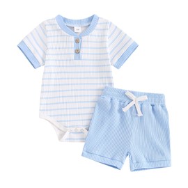 Vioyavo Newborn Baby Boys Girls Summer Outfit Stripe Pattern Short Sleeve Romper+Solid Color Elastic Waist Shorts 2Pcs Clothes Set (Light Blue, 3-6 Months)