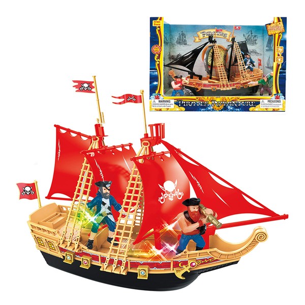 Mozlly Pirate Ship Toy Play Set with Lights and Sound – Colorful Pirate Model Ship Kit for Kids – Assembled Pirate Toy Ship Model Boat with Pirate Figures – 11.5 Inch