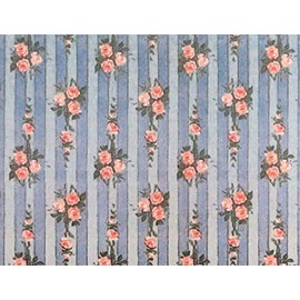 Melody Jane Dolls House Miniature Print 1:12 Scale Pink Rose on Blue Stripe Wallpaper