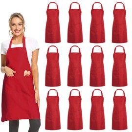 DUSKCOVE 12 Pack Plain Bib Aprons with 2 Pockets - Red Unisex Commercial Apron Bulk for Kitchen Cooking Restaurant BBQ Painting Crafting