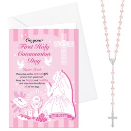 HOWAF First Communion Gifts for Girls, First Communion Card for Girls First Holy Communion Card Communion Cards Holy Communion Card Rosary Beads Catholic Cross Necklace First Communion Decorations