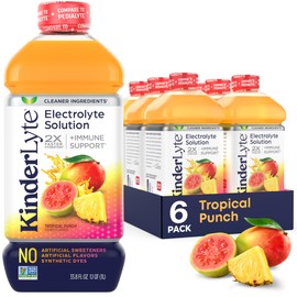 Kinderlyte Electrolyte Solution, 2X Faster Hydration vs. Water Alone, No Artificial Sweeteners or Flavors, No Synthetic Dyes, Tropical Punch, for Kids and Adults, 33.8 fl oz (Pack of 6)