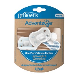 Dr. Brown's Advantage One-Piece Silicone Baby Pacifier, Fully Symmetrical Soother, Blue/Light Blue/Gray, 0-6m, BPA Free, 3 Pack