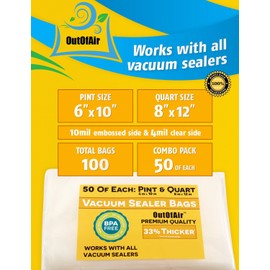 100 Vacuum Sealer Bags: 50 Pint (6" x 10") and 50 Quart (8" x 12") OutOfAir Vacuum Sealer Bags Works with FoodSaver & Other Savers. 33% Thicker, BPA Free, Great for Sous Vide