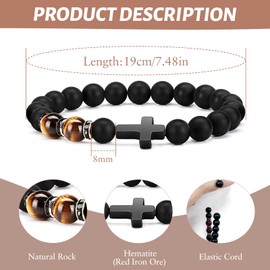 APMGONT Natural Stone Bead Bracelet, Adjustable Cross Bracelet for Men, Black Obsidian Bead Bracelets, Gift for Men Made of Real Natural Stones, Jewellery Gifts for Men
