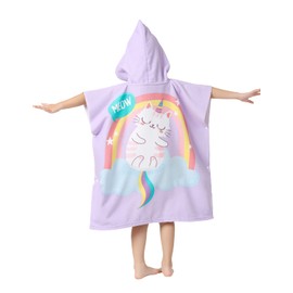 Athaelay Kid Girls Hooded Towel for Bath Beach, Toddlers Poncho Cover-ups Pool Swimwear, Cat Theme with Drawstring Bag
