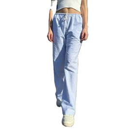 HOXIJIA Women Casual Striped Print Long Pants Elastic High Waist Loose Fit Straight Wide Leg Trousers Y2K Streetwear(7#Blue, S)