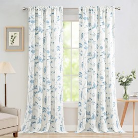 Leeva Farmhouse Bird Curtains for Window, View Block Privacy Living Room Curtains 84 Inches Long, Linen Look Flower & Nest Printing Rod Pocket Blue Drapes for Bedroom, One Panel, 52x84