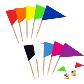 LUSEOAN 100 Pack Red Orange Yellow Green Blue White Black Purple Pink Blank Solid Color Toothpick Flag - Small Mini DIY Triangle Plain Stick Flags for Cocktail Fruit Cupcakes Toppers Food Decorations