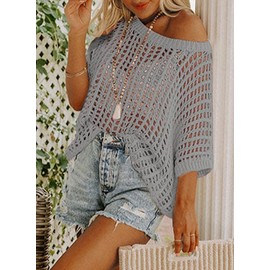 KISSMODA Casual Summer Women's Crochet Sweater - Short Sleeve Hollow Out Pullover Swimwear Cover Up for Fashion Style-Gray-S