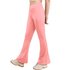 viehunt Girls Crossover High Waisted Flare Leggings Bootcut Solid Full Length Cute Yoga Pants Pink