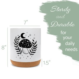 Elanze Designs 8 inch Moon Mushroom Leaf and Stars Ceramic Kitchen Utensil Holder White and Black Crock with Cork Base Large Cooking Utensil Organizer for Countertop