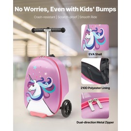 VEVOR Ride-on Luggage, 20 L Capacity, 20 Inches Kids Scooter Suitcase with Flash PU Wheels, Adjustable Handle & TPR Non-Slip Grip, Foldable & Lightweight Scooter Luggage for Kids Aged 5+, Purple