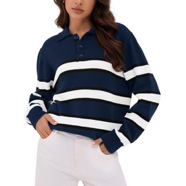 ZAFUL Women's Casual Striped Sweater 2025 Fall Outfits Trendy Color Block Pullover Winter Polo Sweaters Navy Blue