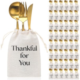 SilTriangle 48 Pcs Thanksgiving Utensil Holders Rustic Farmhouse Canvas Linen Cutlery Bags 4 x 6 Inches Thankful for You Silverware Holders for Thanksgiving Autumn Fall Table Decor Party Favor