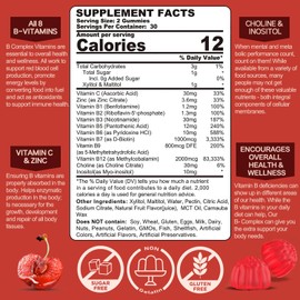 Vitamin B Complex Gummies, Vegan Vitamin B Gummies with 2000 mcg Methyl B12, Methyl Folate | Plus Choline + Inositol, Vitamin C + Zinc for Supports Energy, Mood, Immune, Healthy Hair, Skin - 60 Cts