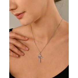 YL Mom Cross Necklace 925 Sterling Silver Mother Pendant Created Ruby Mum Jewelry for Women