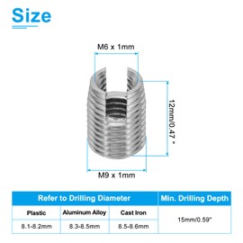 PATIKIL Self-Tapping Threaded Inserts, 20 Pcs M6 x M9 x 12mm 303 Stainless Steel Thread Adapter Reducer Slotted Screw Repair Inserts Nuts Sleeve