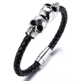 HALUKAKAH ● Assassin ● Men's Genuine Leather Bracelet with Titanium Skull Heads Magnetic Clasp 8.46"/21.5cm(Silver)