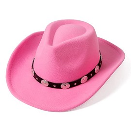 Lanzom Women Men Felt Wide Brim Western Cowboy Hats Belt Buckle Panama Hat(Pink, Medium)