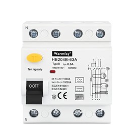 Warmfay FI Residual Current Circuit Breaker RCD Type B 63A 300mA Allcurrent Sensitive 4-Pin